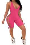 Pink Fashion Sexy bandage Hollow Solid Sleeveless V Neck Rompers