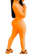 Оранжевый модный повседневный однотонный комбинезон на молнии с длинным рукавом и круглым вырезом