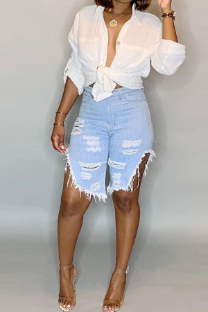 Light Blue Black Light Blue Dark Blue Button Fly Mid Asymmetrical Boot Cut Capris Bottoms Denim Shorts