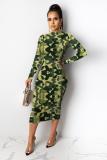 Green Lightly cooked Fashion adult Cap Sleeve Long Sleeves half high collar Step Skirt Mid-Calf