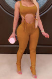 Коричневый модный сексуальный взрослый лоскутный однотонный костюм из двух предметов с открытой спиной и бантом из двух предметов карандаш без рукавов из двух предметов