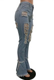 Preto Azul Claro Azul Escuro Jeans Botão Fly Mid Patchwork Buraco Bota Corte Calças Partes Inferiores