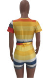 multicolor Fashion Sexy Print Striped Patchwork Short Sleeve V Neck Rompers