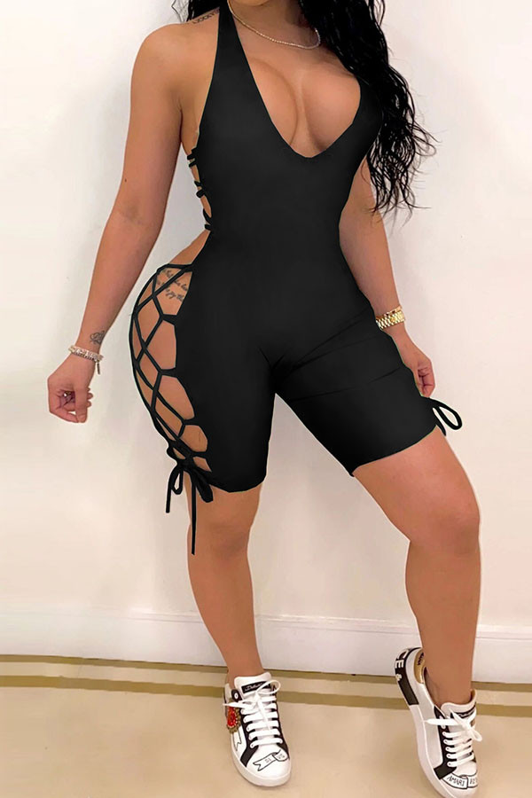 Black Fashion Sexy bandage Hollow Solid Sleeveless V Neck Rompers