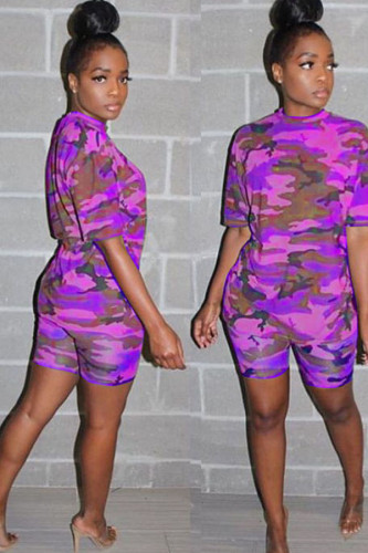purple Fashion Casual Patchwork Camouflage Two Piece Suits pencil Short Sleeve Two Pieces