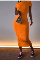 Оранжевое модное повседневное белое красное черное оранжево-желтое голубое платье-карандаш с короткими рукавами и круглым вырезом однотонные платья до середины икры
