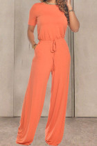 Orange Fashion Casual Solid Short Sleeve O Neck Jumpsuits