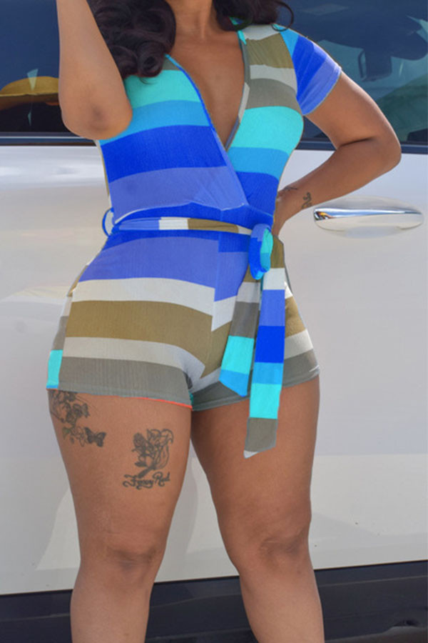 Blaue Mode Sexy gestreifte Bandage Milch. Kurzarm-Strampler mit V-Ausschnitt