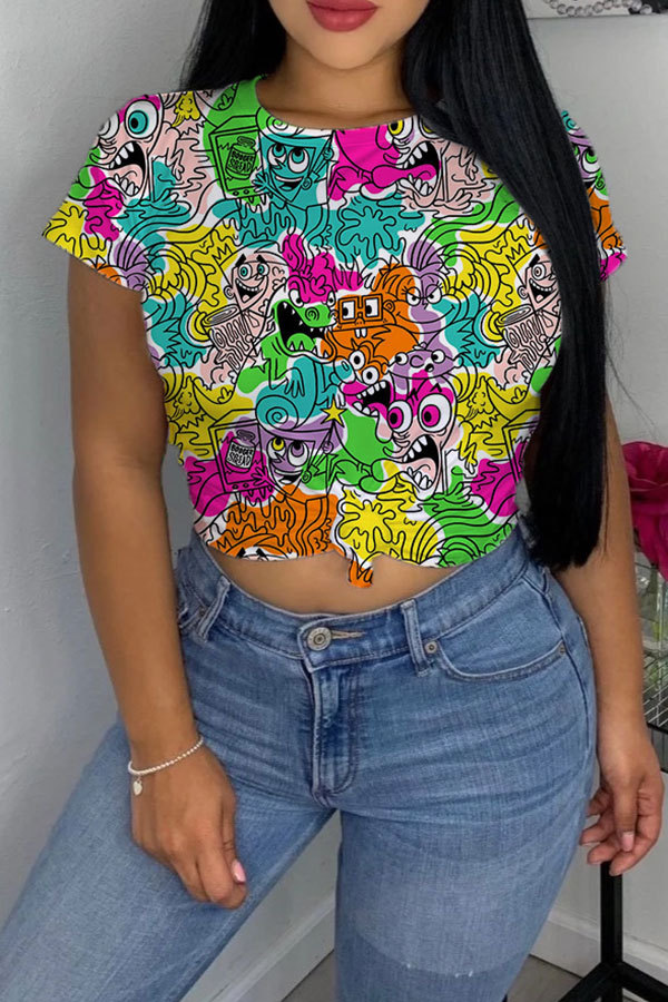 Multi-color Green Yellow cartoon Multi-color purple O Neck Short Sleeve Patchwork Print Character Tops