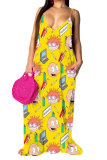 cartoon Fashion Casual adult White Orange Yellow cartoon Spaghetti Strap Sleeveless V Neck Swagger Floor-Length Print Patchwork Ombre Tie and dye Dresses
