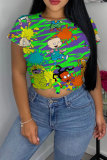Yellow Green Yellow cartoon Multi-color purple O Neck Short Sleeve Patchwork Print Character Tops