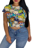 Green Yellow cartoon Multi-color purple O Neck Short Sleeve Patchwork Print Character Tops