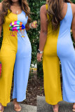 Combinaisons jaunes et bleues à la mode décontractées en patchwork sans manches à lèvres