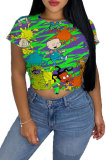Multi-color Green Yellow cartoon Multi-color purple O Neck Short Sleeve Patchwork Print Character Tops