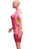 Due pezzi a maniche corte con stampa tie-dye attiva casual alla moda rosa