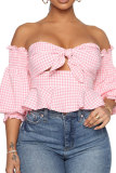 Pink Wrapped chest Short Sleeve Plaid Patchwork Print bow-knot HOLLOWED OUT Tops
