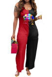rose red Fashion Casual Patchwork Lip Sleeveless Slip Jumpsuits