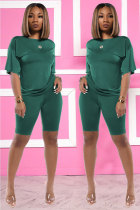 Army Green Fashion Casual Patchwork Print Solide Zweiteiler Gerade Kurzarm Zweiteiler