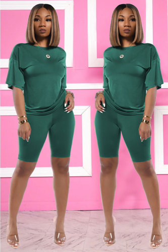 アーミーグリーンファッションカジュアルパッチワークプリントソリッドツーピーススーツストレート半袖ツーピース