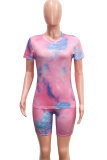 purple Fashion Casual Active Print Tie Dye Short Sleeve Two Pieces
