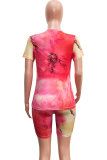 Pink Fashion Casual Active Print Tie Dye Short Sleeve Two Pieces