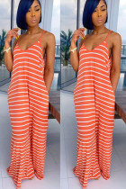 Orange Polyester Fashion Casual Black Grey Apricot Orange Light Blue Spaghetti Strap Sleeveless V Neck Swagger Floor-Length Striped Dresses