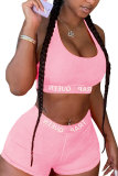 ピンク ファッション アクティブな大人のレター パッチワーク プリント ツーピース スーツ ペンシル ノースリーブ XNUMX ピース
