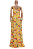 White Fashion Casual adult White Orange Yellow cartoon Spaghetti Strap Sleeveless V Neck Swagger Floor-Length Print Patchwork Ombre Tie and dye Dresses