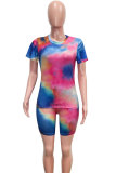 Pink Fashion Casual Active Print Tie Dye Short Sleeve Two Pieces