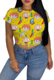 Yellow Green Yellow cartoon Multi-color purple O Neck Short Sleeve Patchwork Print Character Tops