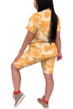 オレンジファッションカジュアルプリントグラデーションツーピーススーツペンシル半袖ツーピース