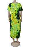 Green Fashion Sexy adult O Neck Patchwork Print Tie Dye Stitching Plus Size