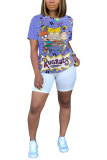purple White Blue Yellow purple colour O Neck Short Sleeve Patchwork Print Character Tops