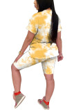Светло-желтый модный повседневный костюм из двух частей с градиентным принтом и карандашом с короткими рукавами из двух частей