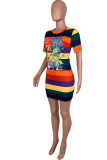 cartoon Fashion Casual cartoon multicolor Cap Sleeve Short Sleeves O neck Step Skirt skirt Striped Print Dresses