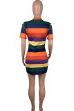 multicolor Fashion Casual cartoon multicolor Cap Sleeve Short Sleeves O neck Step Skirt skirt Striped Print Dresses