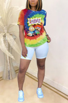colour White Blue Orange Yellow colour O Neck Short Sleeve Patchwork Print Character Tops