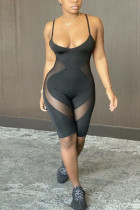 Black Fashion Sexy Print Patchwork Mesh Polyester Sleeveless Slip Jumpsuits