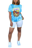 White Blue Orange Yellow colour O Neck Short Sleeve Patchwork Print Character Tops