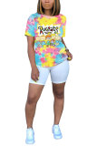 Yellow White Blue Yellow purple colour O Neck Short Sleeve Patchwork Print Character Tops
