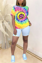 Yellow White Blue Orange Yellow colour O Neck Short Sleeve Patchwork Print Character Tops