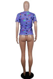 purple White Blue Yellow purple colour O Neck Short Sleeve Patchwork Print Character Tops