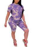 Светло-фиолетовый модный повседневный костюм из двух частей с градиентным принтом и карандашом с коротким рукавом из двух частей