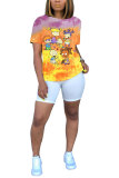 White Blue Orange Yellow colour O Neck Short Sleeve Patchwork Print Character Tops