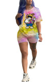Фиолетовый модный повседневный костюм с принтом из двух частей, прямой костюм из двух частей с коротким рукавом
