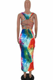 multicolore Sexy Print O Neck Step Jupe Robes