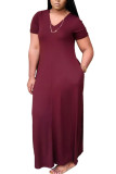 Pink Fashion Casual Black Grey Pink Yellow Wine Red Royal blue Cap Sleeve Short Sleeves V Neck Swagger Ankle-Length Solid Dresses