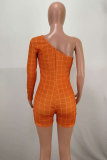 Orange Fashion Sexy Print Plaid Patchwork Hollow Long Sleeve one shoulder collar Rompers