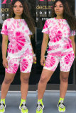 Pink Fashion Active Casual Patchwork Print Tie Dye Straight Short Sleeve Two Pieces