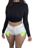 Pink Black Pink Fluorescent Yellow O Neck Long Sleeve Patchwork Solid backless Bandage HOLLOWED OUT crop top Tops